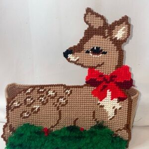 Handcrafted Christmas Deer Plastic Canvas Basket Card Holder